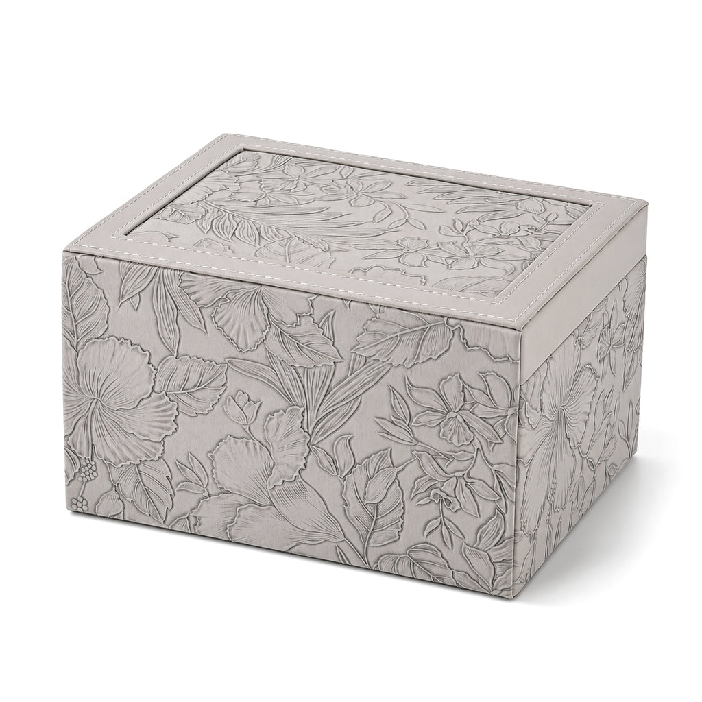 3-Layer Debossed Floral PU Leather Jewellery Organiser Box with Drawers - Gray_8666454_5
