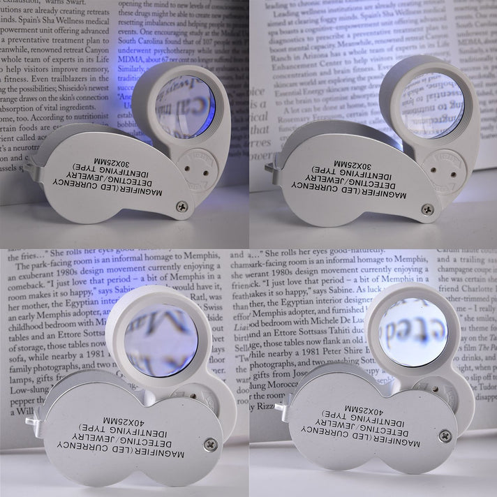 Set of 2 LED Illuminated Pocket Jewellery Loupe Magnifiers (30X &amp; 40X) With LED Lights &amp; UV Lights - Silver &amp; Brown 8666632 2