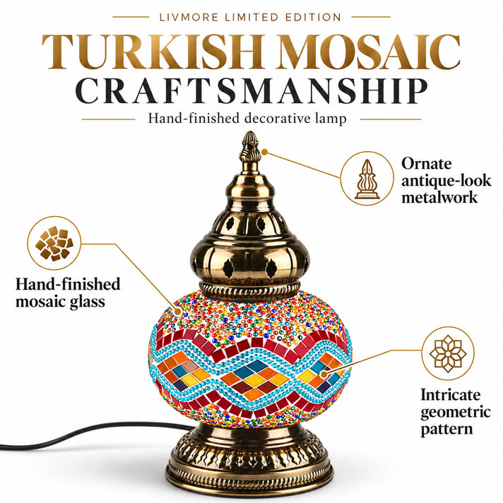 LIVMORE Limited Edition Hand Finished Turkish Mosaic Glass Lamp with Multicolour Stone Work (Requires E14 Screw Bulb) Mains Powered UK Plug - Multi 8666775 2