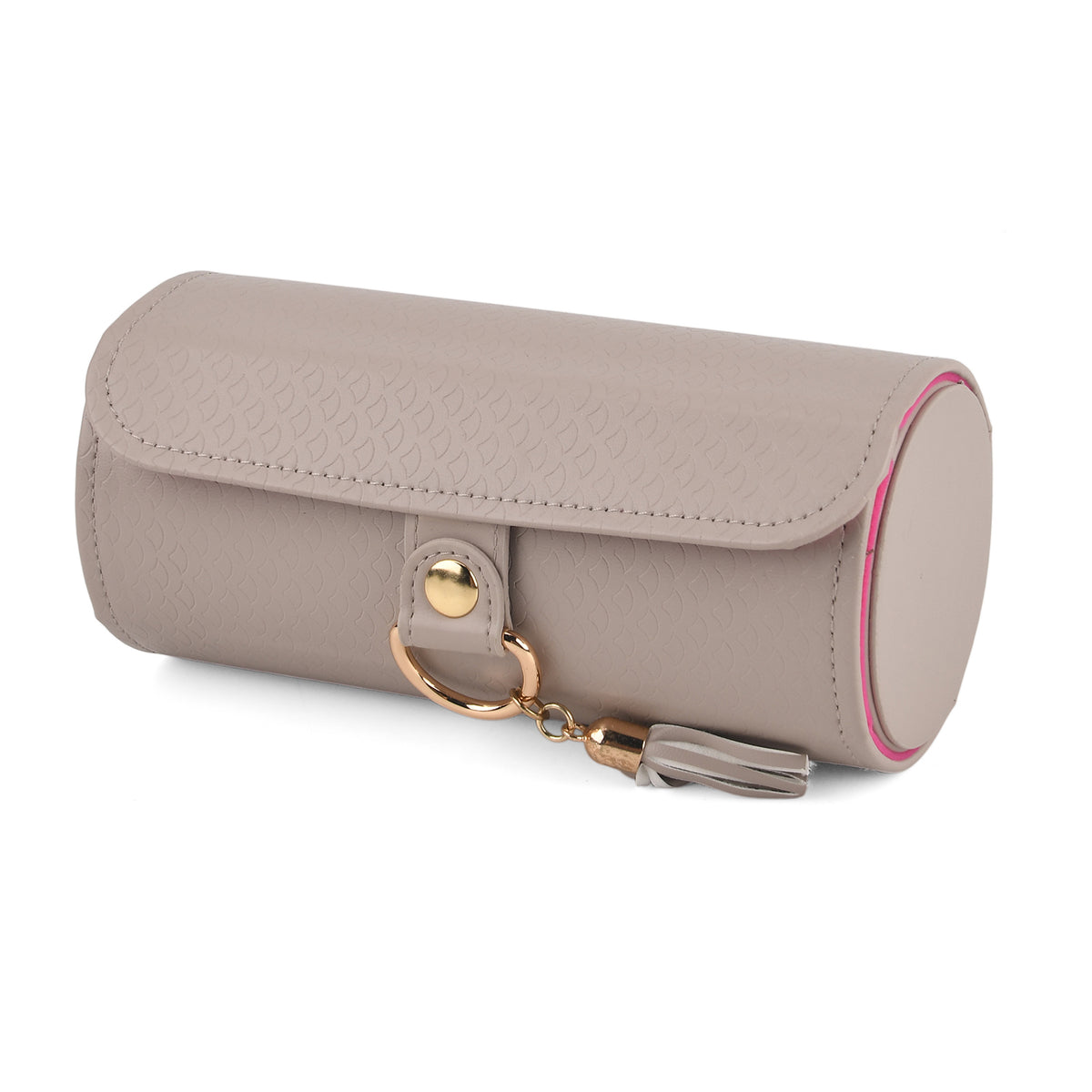 3-Layer Cylindrical Travel Jewellery Roll Organiser Box - Beige V32575213 0