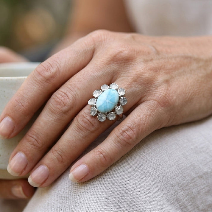 D'Joy - Natural Larimar &amp; Natural White Diamond (0.62ct) Ring in Rhodium Overlay Sterling Silver 7.60 Ct. 8668108 2