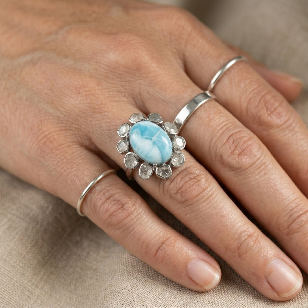 D'Joy - Natural Larimar &amp; Natural White Diamond (0.62ct) Ring in Rhodium Overlay Sterling Silver 7.60 Ct. 8668108 3