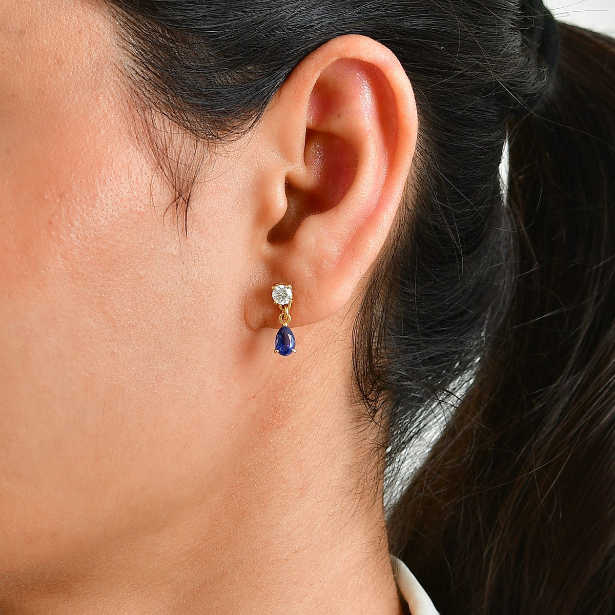D'Joy - AAA Natural Kashmir Kyanite &amp; Moissanite Dangling Earring with Push Post in Yellow Gold Plated Sterling Silver 1.62 Ct. V32575864 2