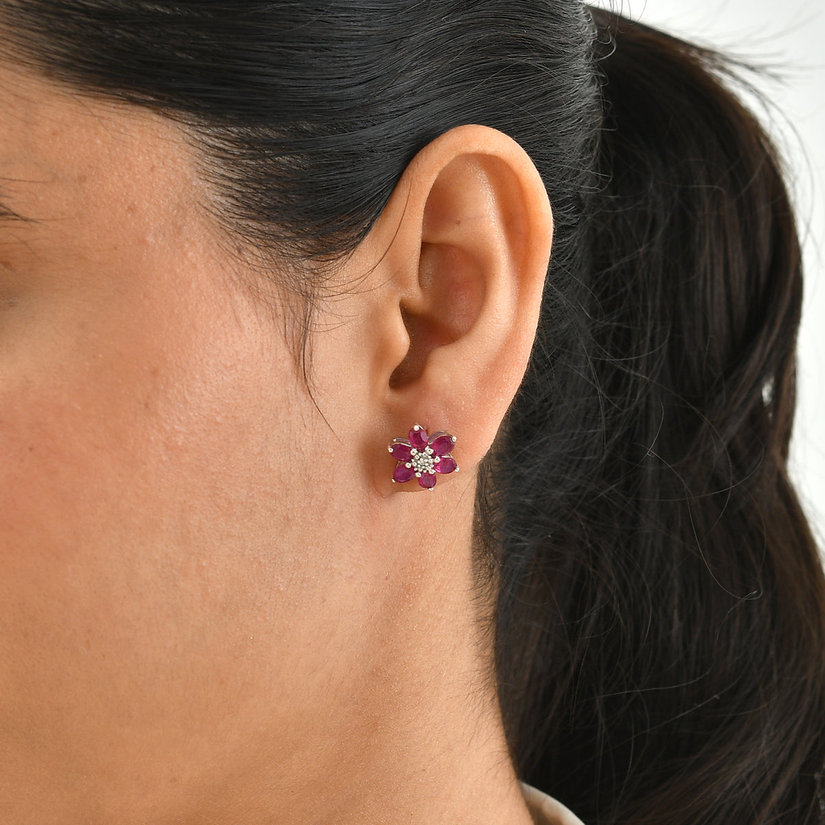 D'Joy - African Ruby &amp; Moissanite Floral Earrings with Push Post in Rhodium Overlay Sterling Silver 3.35 Ct. 8668889 2