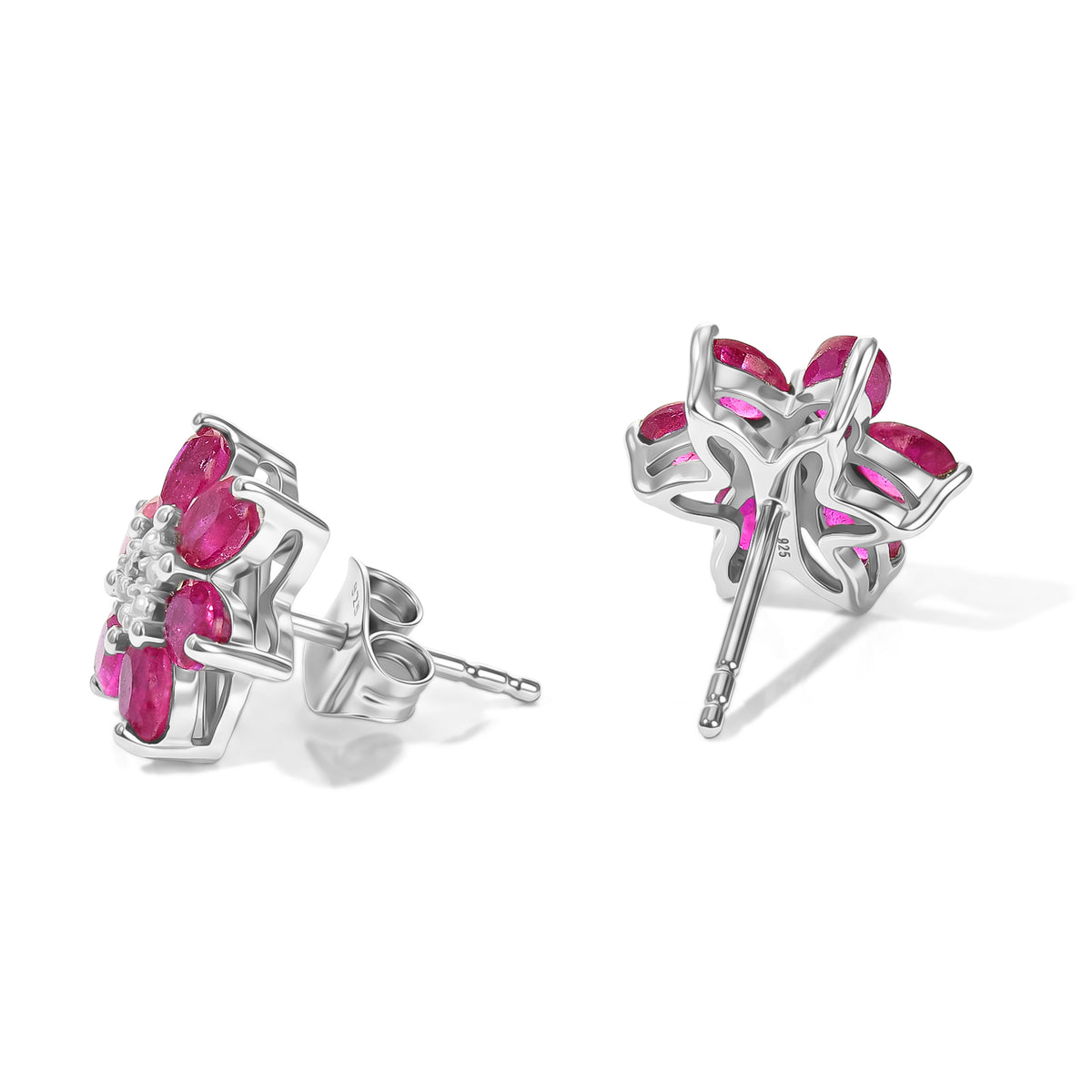 D'Joy - African Ruby &amp; Moissanite Floral Earrings with Push Post in Rhodium Overlay Sterling Silver 3.35 Ct. 8668889 4