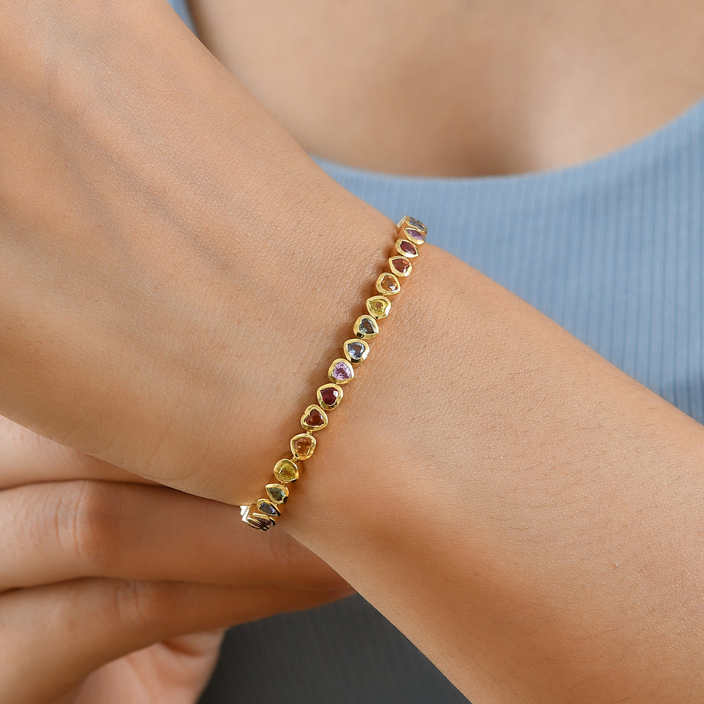 D'Joy - Rainbow Sapphire Link Bracelet (Size - 7.5) in 18K Vermeil Yellow Gold Plated Sterling Silver 6.70 Ct._8669431_2