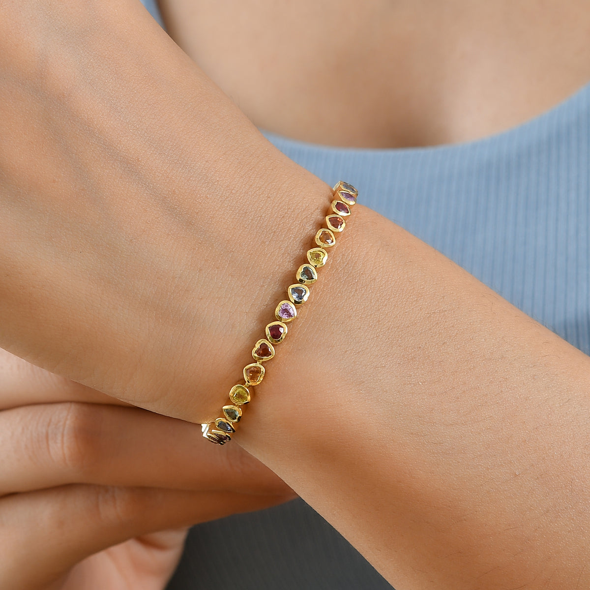 D'Joy - Rainbow Sapphire Link Bracelet (Size - 7.5) in 18K Vermeil Yellow Gold Plated Sterling Silver 6.70 Ct. 8669431 1