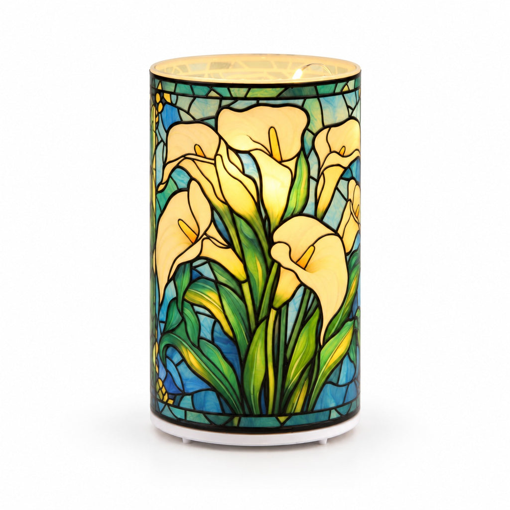 LIVMORE Battery-Operated Stained Glass Calla Lily Print Rotating Decorative Table Lamp - 15cm_8669565
