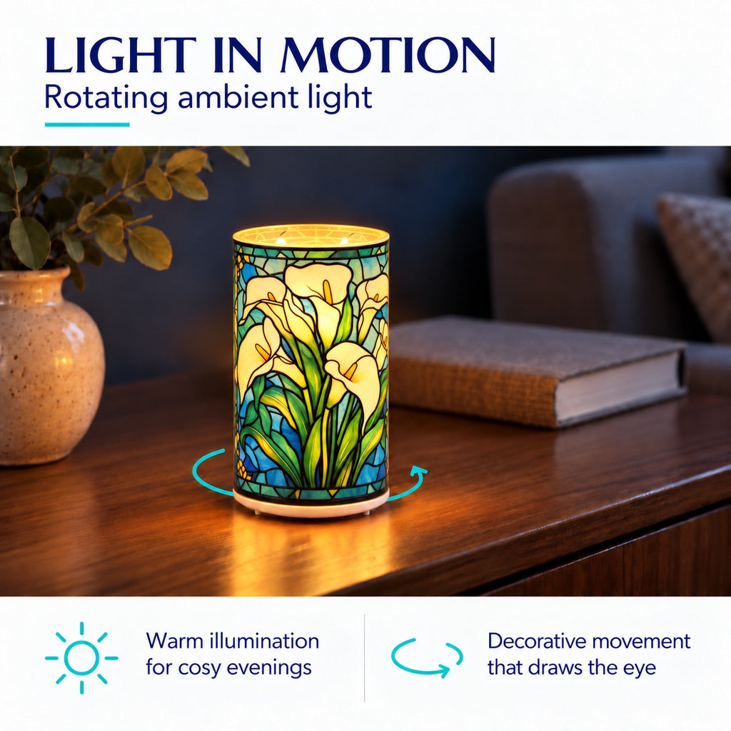 LIVMORE Battery-Operated Stained Glass Calla Lily Print Rotating Decorative Table Lamp - 15cm_8669565_2
