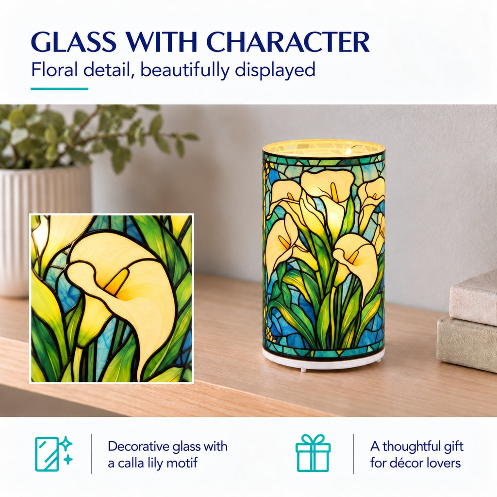 LIVMORE Battery-Operated Stained Glass Calla Lily Print Rotating Decorative Table Lamp - 15cm_8669565_3