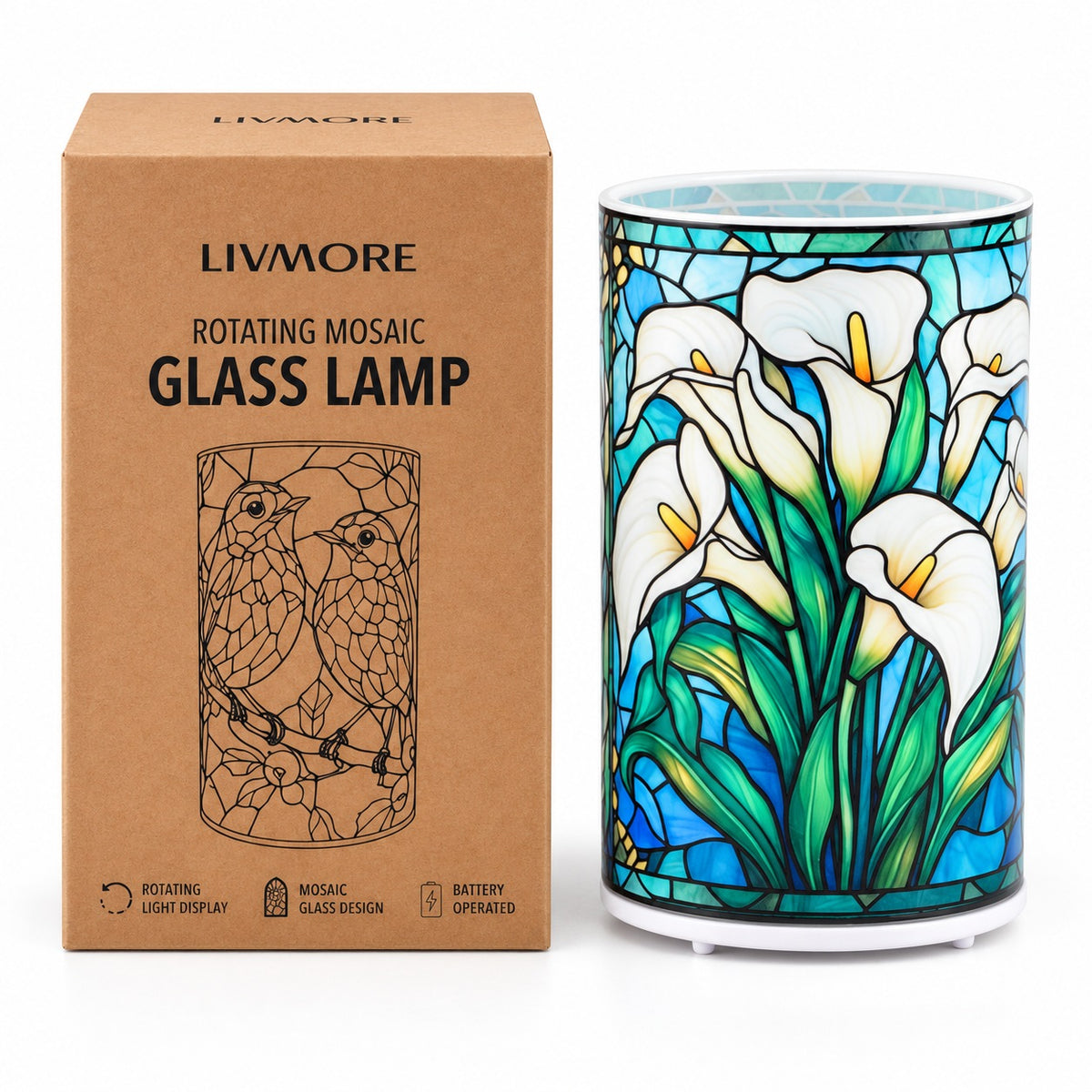 LIVMORE Battery-Operated Stained Glass Calla Lily Print Rotating Decorative Table Lamp - 15cm 8669565 7