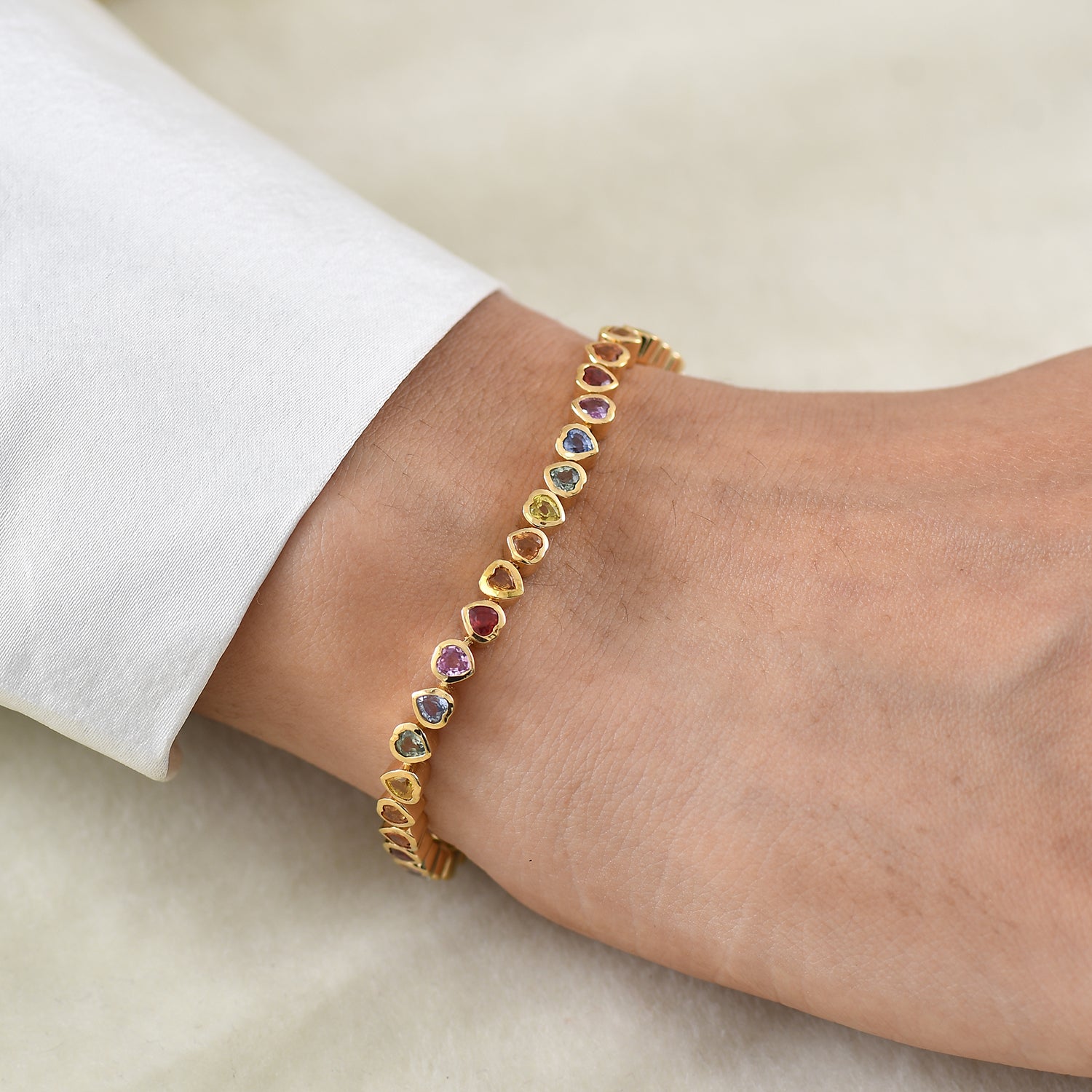 D'Joy - Rainbow Sapphire Link Bracelet (Size - 8) in 18K Vermeil Yellow Gold Plated Sterling Silver 6.70 Ct, Silver Wt.10.22 Gms 8669649 1