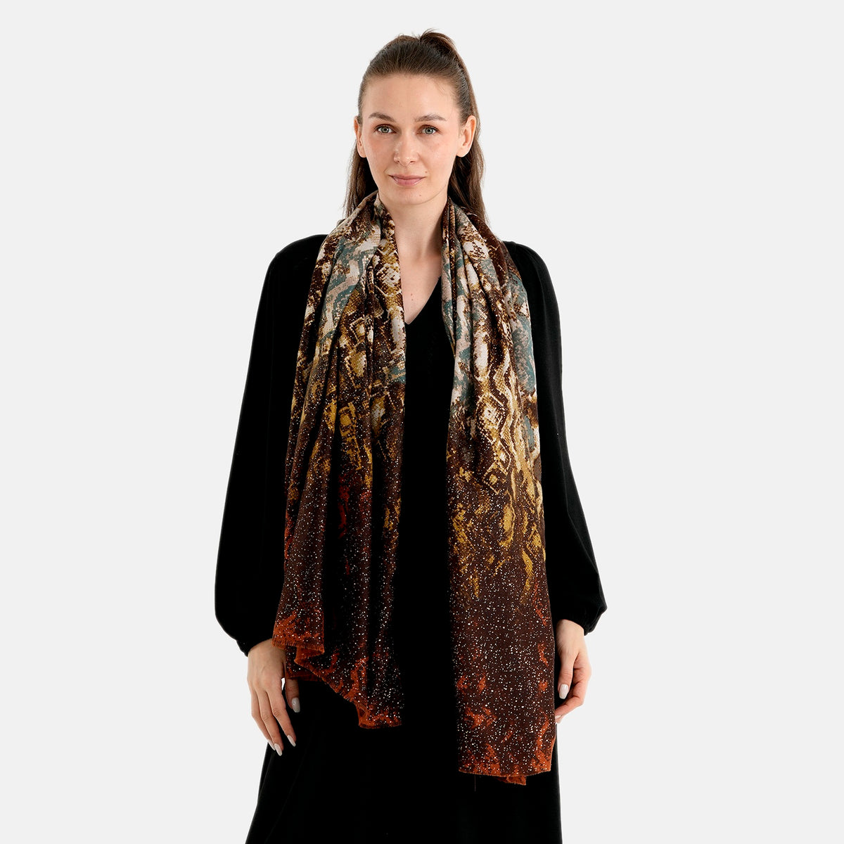 La Marey Womens Multi Colour Gold Printed Lightweight Scarf (180 x 90 cm) - Brown V32715513 2
