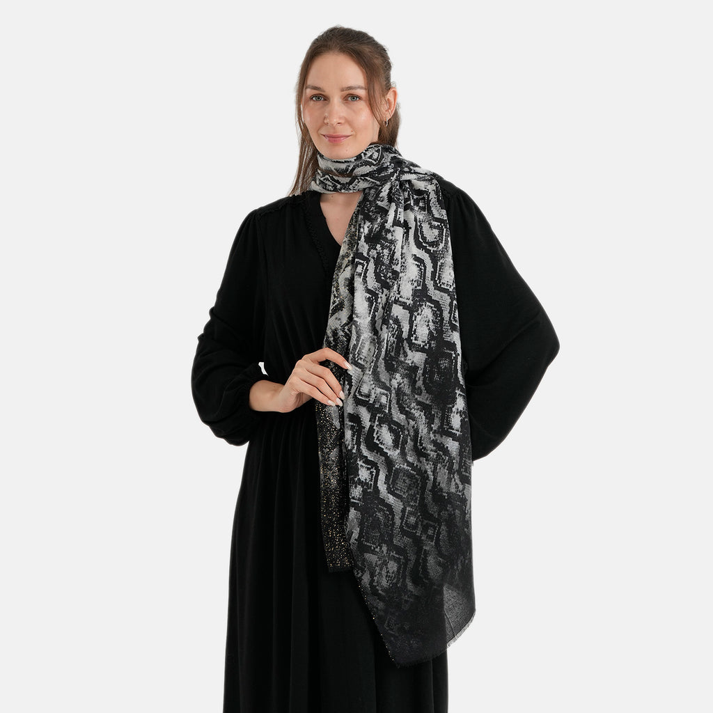 La Marey Womens Gold Printed Lightweight Scarf (180 x 90 cm) - Dark Grey & Black_8669810_3
