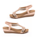 Sienna Embellished Low Wedge Bohemian Style T-strap Slingback Sandal (Size 5) - Nude_8670122