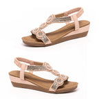 Sienna Embellished Low Wedge Bohemian Style T-strap Slingback Sandal (Size 5) - Nude_8670122_1