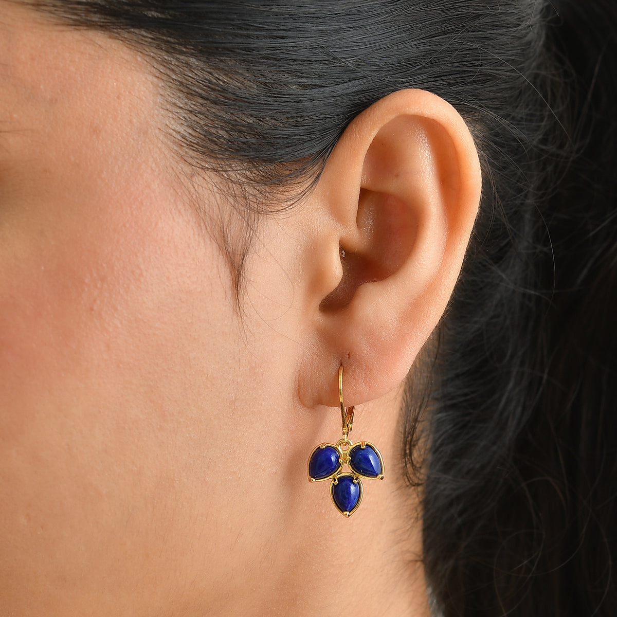 Lapis Lazuli Trilogy Earring with Lever Back in Yellow Gold Tone 5.90 Ct. V32590955 2