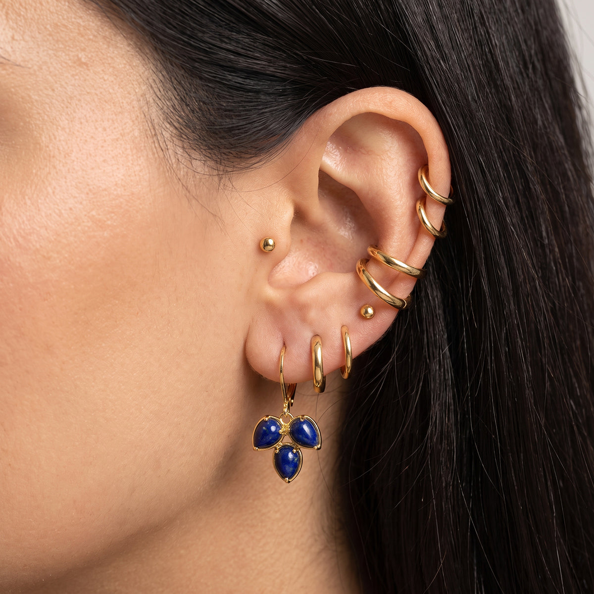 Lapis Lazuli Trilogy Earring with Lever Back in Yellow Gold Tone 5.90 Ct. V32590955 3