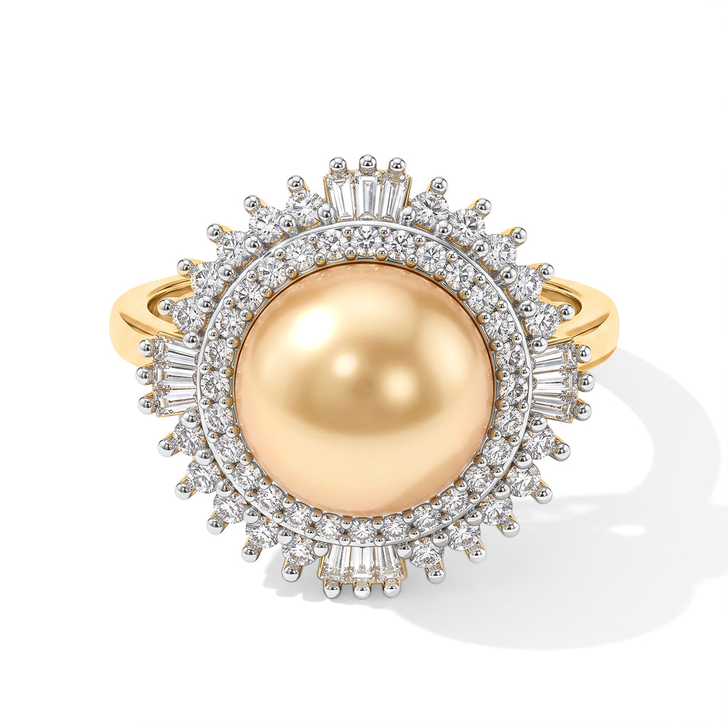 D'Joy - Golden South Sea Pearl (9-11mm) & Natural White Diamond Halo Ring in 18K Vermeil Yellow Gold Plated Sterling Silver 6.50 Ct._8671681