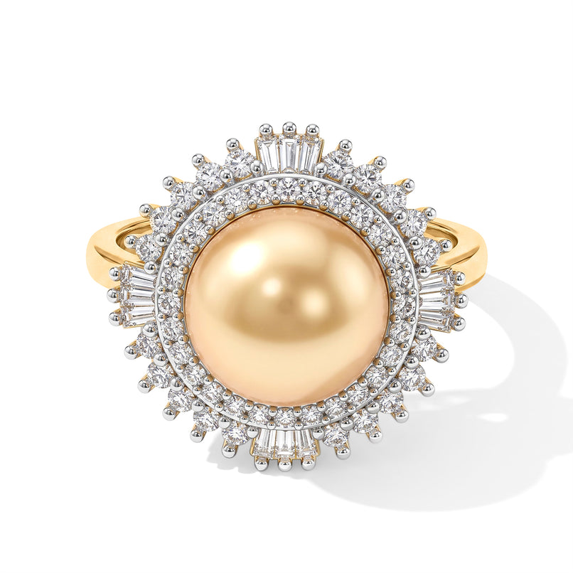 D'Joy - Golden South Sea Pearl (9-11mm) & Natural White Diamond Halo Ring in 18K Vermeil Yellow Gold Plated Sterling Silver 6.50 Ct._8671681