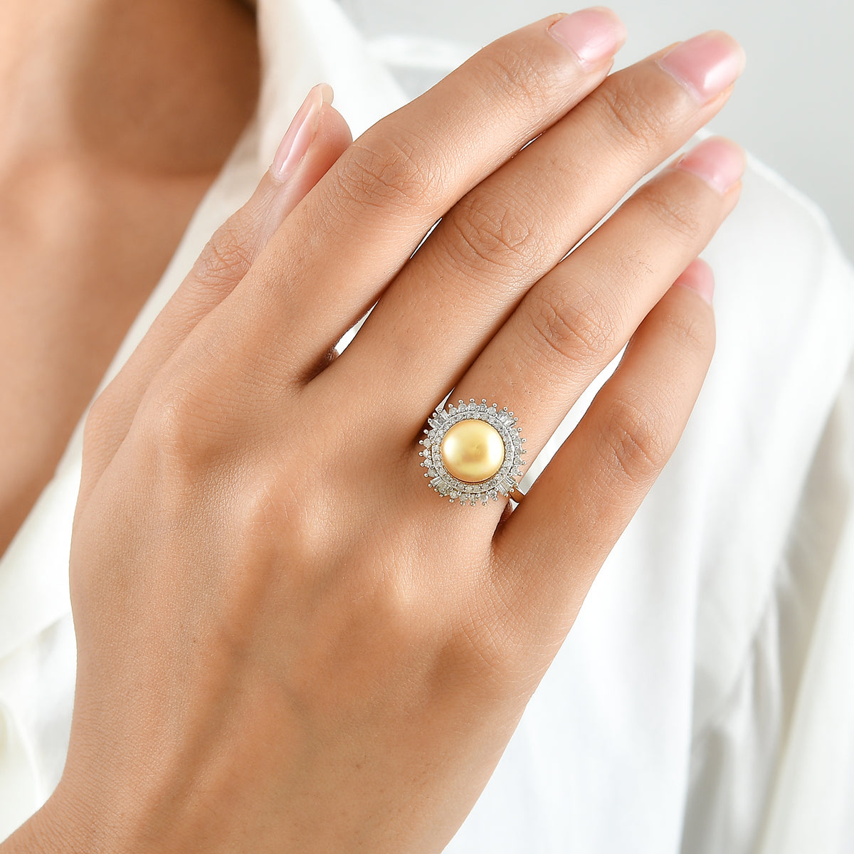 D'Joy - Premium Golden South Sea Pearl (9-11mm) &amp; Natural White Diamond Halo Ring in 18K Vermeil Yellow Gold Plated Sterling Silver 6.50 Ct. 8671681 2