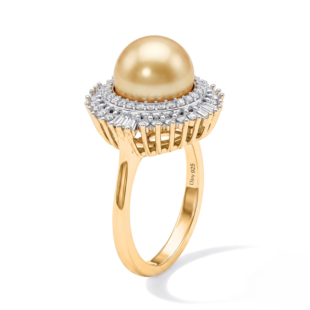 D'Joy - Golden South Sea Pearl (9-11mm) & Natural White Diamond Halo Ring in 18K Vermeil Yellow Gold Plated Sterling Silver 6.50 Ct._8671681_3