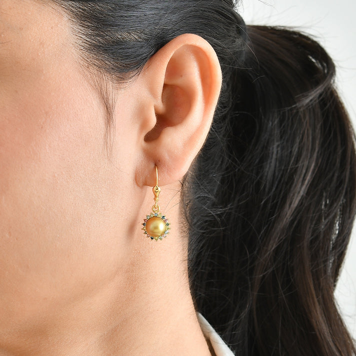 Luxuriant - Premium Golden South Sea Pearl &amp; Lab Grown Multi Diamond (SI-G-H) Sunburst Halo Earring with Lever Back in 18K Vermeil Yellow Gold Plated Sterling Silver 7.20 Ct. 8671708 2
