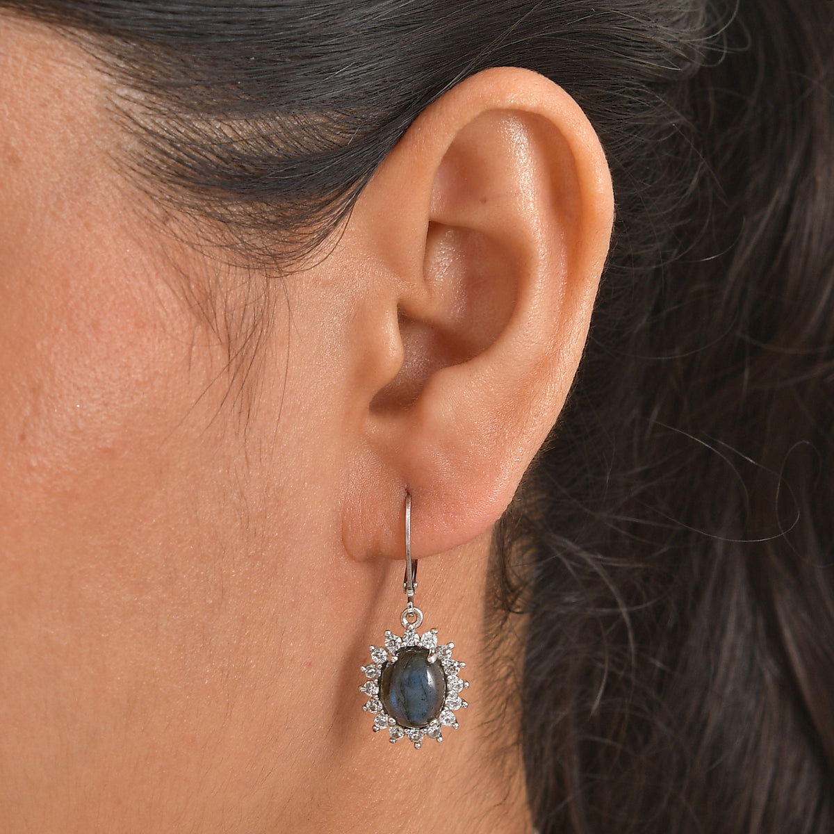 EverTrue - Labradorite &amp; White Zircon Halo Earring with Lever Back 8.00 Ct. V32529057 2