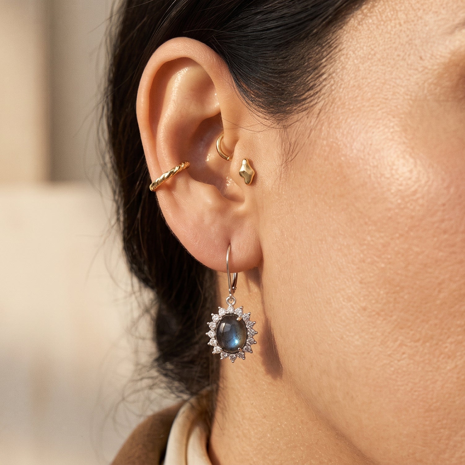 EverTrue - Labradorite &amp; White Zircon Halo Earring with Lever Back 8.00 Ct. V32529057 3