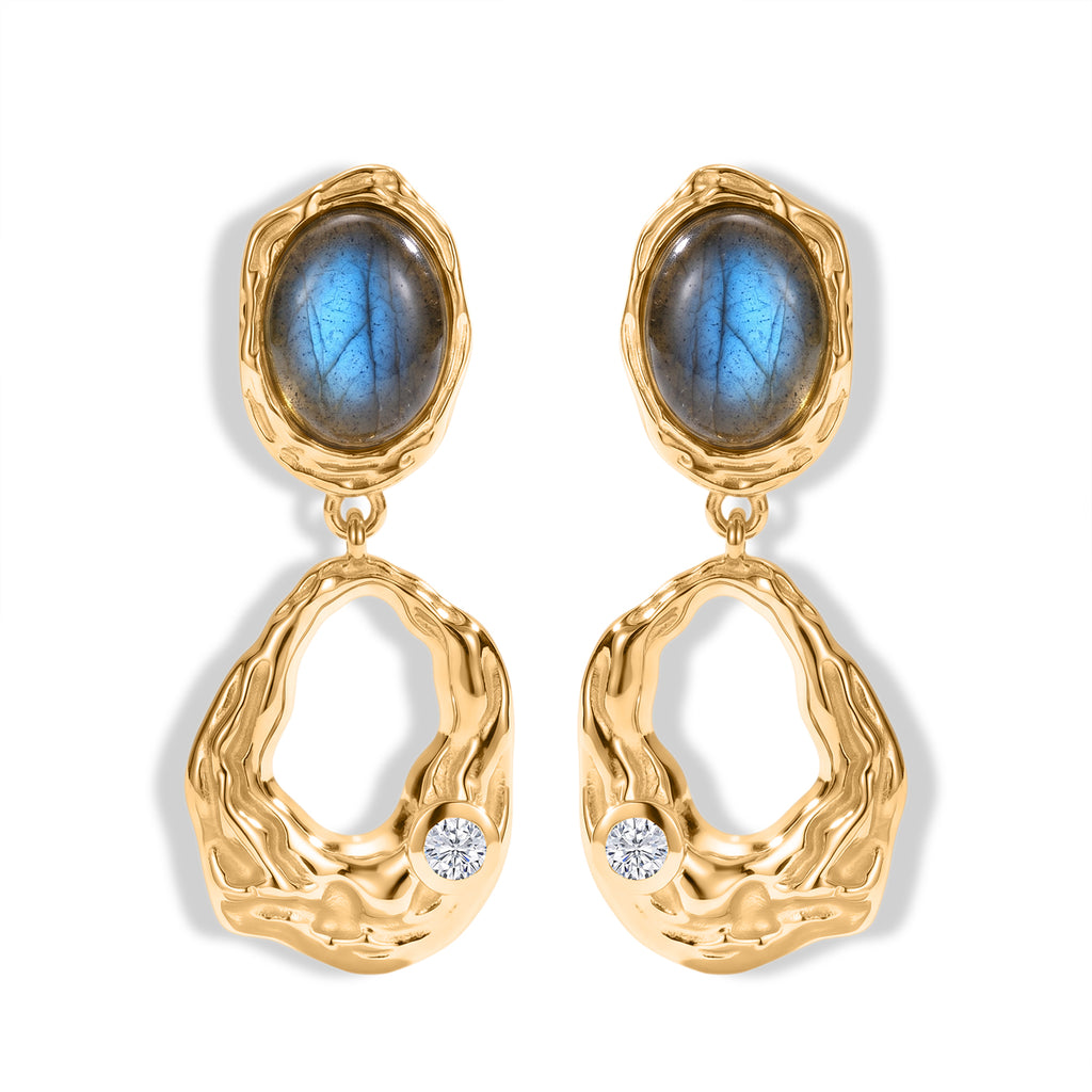 EverTrue - Labradorite & White Zircon Dangling Earring with Push Back in Yellow Gold Tone 4.55 Ct._8672724