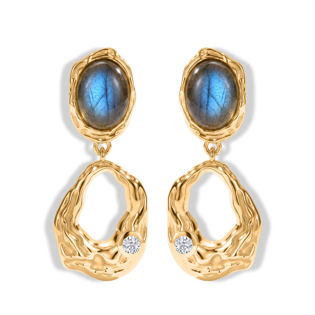 EverTrue - Labradorite &amp; White Zircon Dangling Earring with Push Back in Yellow Gold Tone 4.55 Ct. V32512966 0