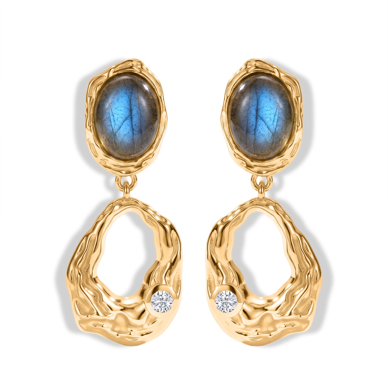 EverTrue - Labradorite &amp; White Zircon Dangling Earring with Push Back in Yellow Gold Tone 4.55 Ct. V32512966 0