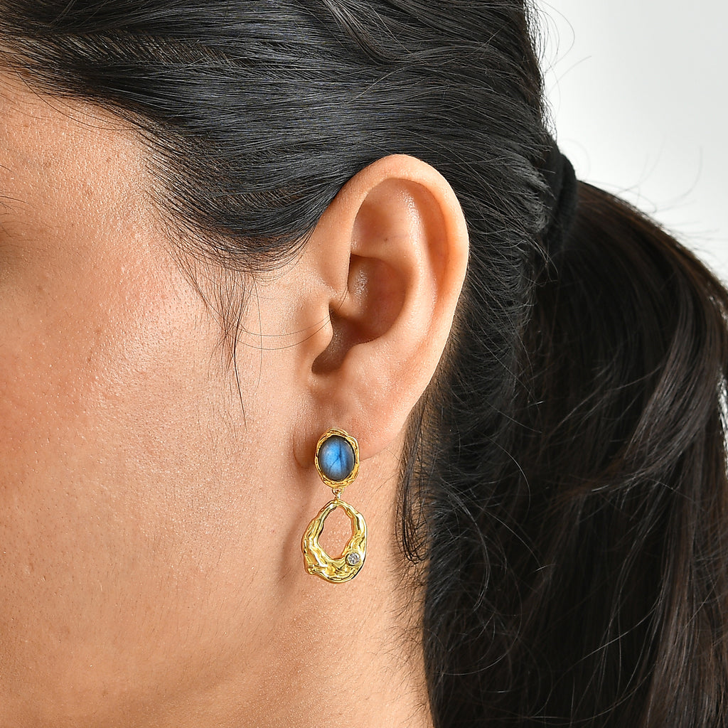 EverTrue - Labradorite & White Zircon Dangling Earring with Push Back in Yellow Gold Tone 4.55 Ct._8672724_1