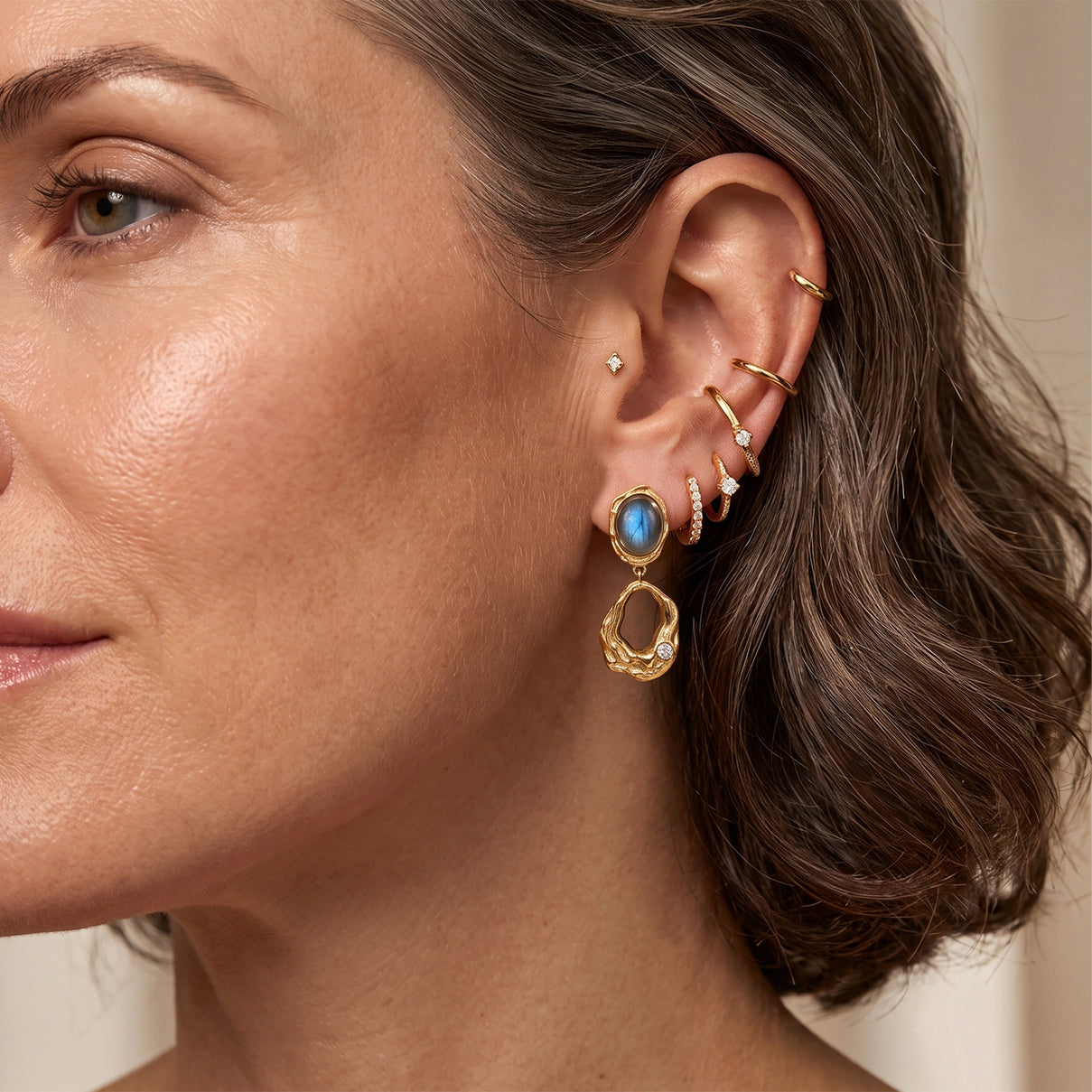 EverTrue - Labradorite &amp; White Zircon Dangling Earring with Push Back in Yellow Gold Tone 4.55 Ct. V32512966 3