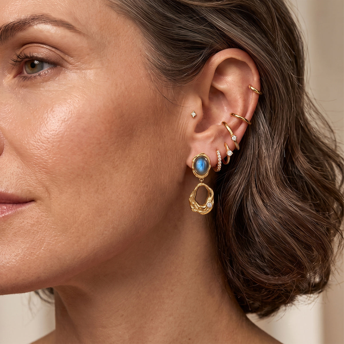 EverTrue - Labradorite &amp; White Zircon Dangling Earring with Push Back in Yellow Gold Tone 4.55 Ct. V32512966 3
