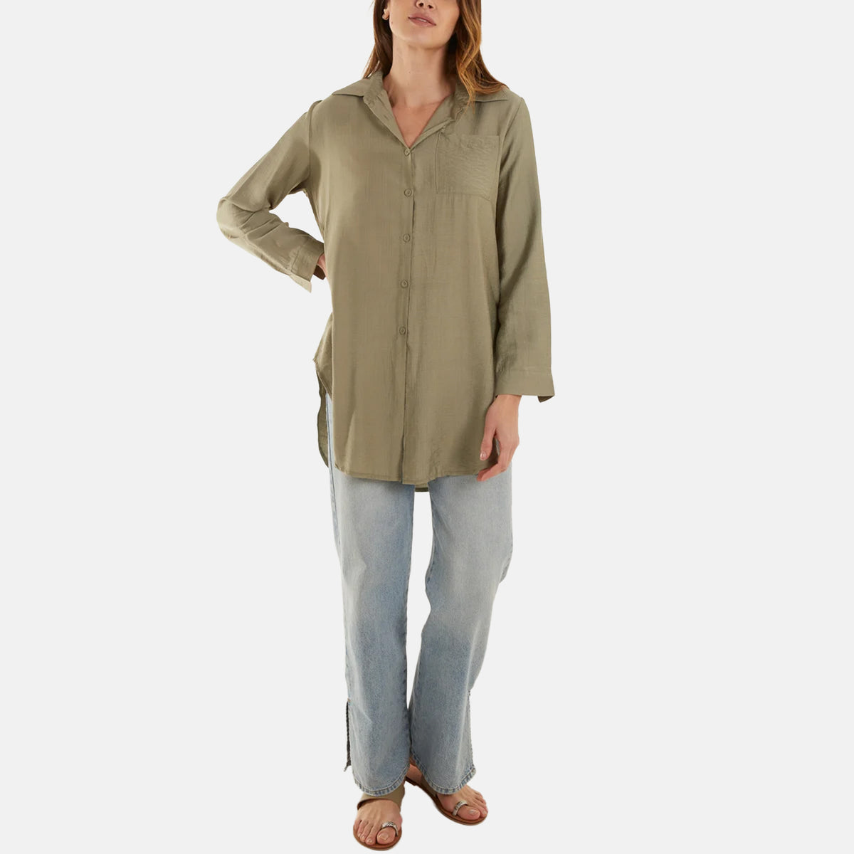 QED London Oversized Lightweight Pocket Shirt (Size S, 8-10) - Light Khaki 8673205 1