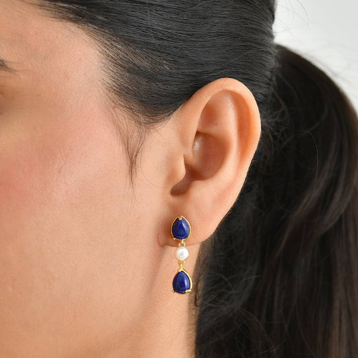 EverTrue - Lapis Lazuli &amp; Fresh Water Pearl Dangling Earring with Push Back in Yellow Gold Tone 7.55 Ct. 8673375 2