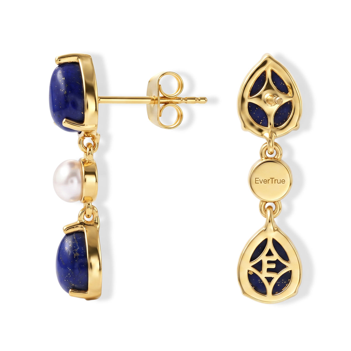 EverTrue - Lapis Lazuli &amp; Fresh Water Pearl Dangling Earring with Push Back in Yellow Gold Tone 7.55 Ct. V32565865 4