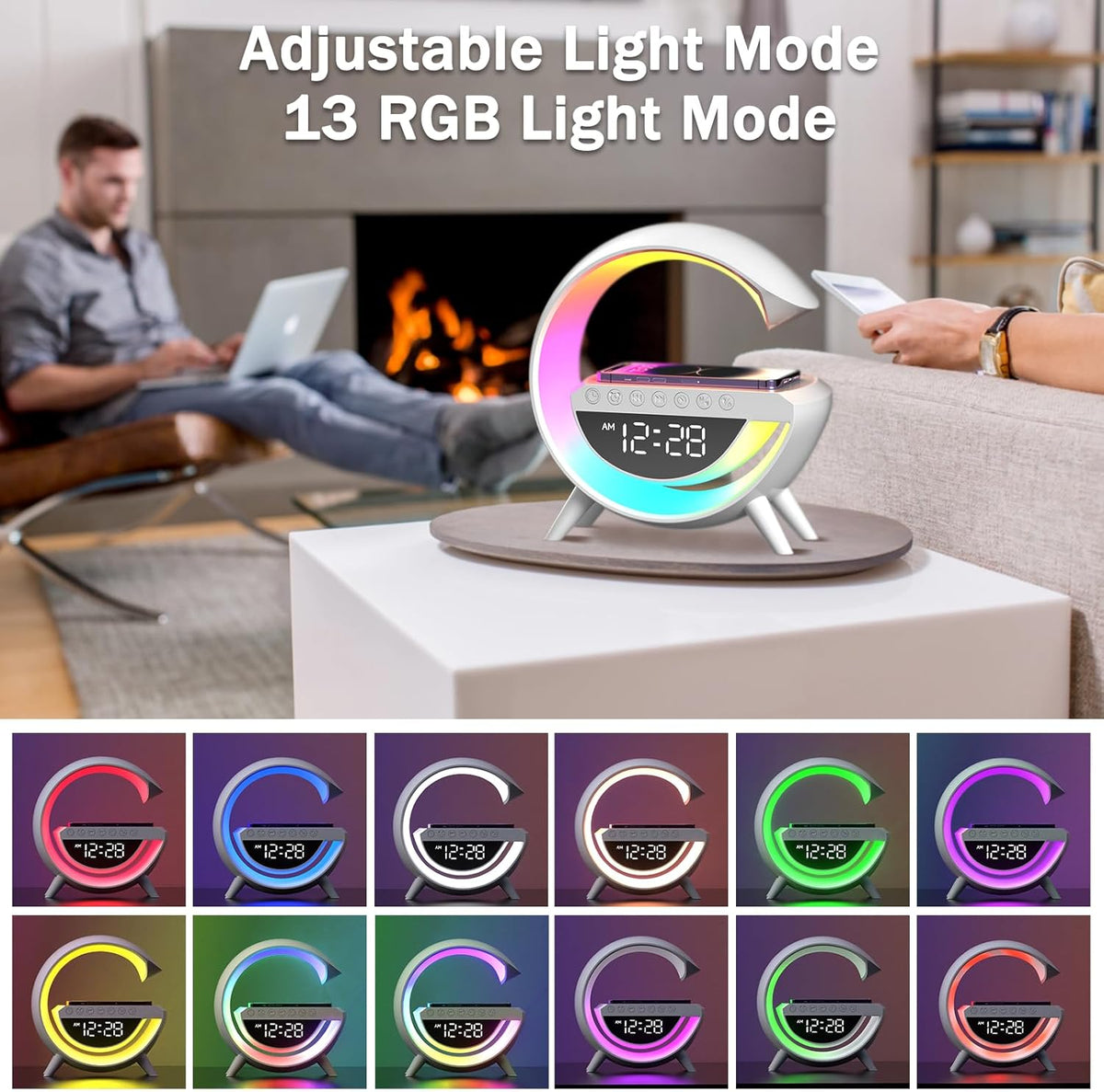 G- Shape Lamp with Wireless Phone Charging and Bluetooth Speaker - White 8675165 2