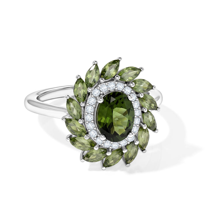 D'Joy - Natural Green Apatite &amp; White Zircon Floral Halo Ring in Rhodium Overlay Sterling Silver 2.65 Ct. 8675281 1