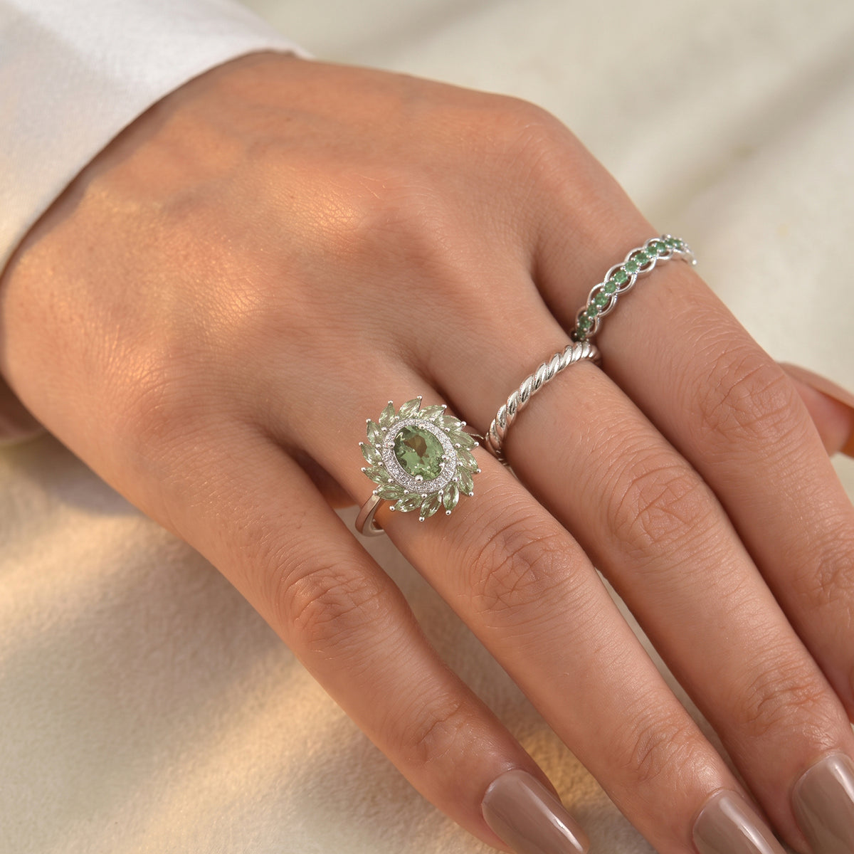 D'Joy - Natural Green Apatite &amp; White Zircon Floral Halo Ring in Rhodium Overlay Sterling Silver 2.65 Ct. 8675281 3
