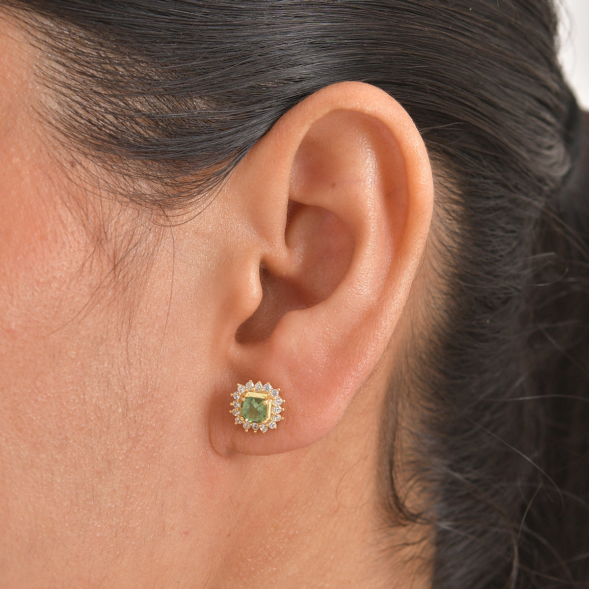 D'Joy - Natural Green Apatite &amp; White Zircon Halo Earring with Push Post in Yellow Gold Plated Sterling Silver 1.10 Ct. V32513906 2