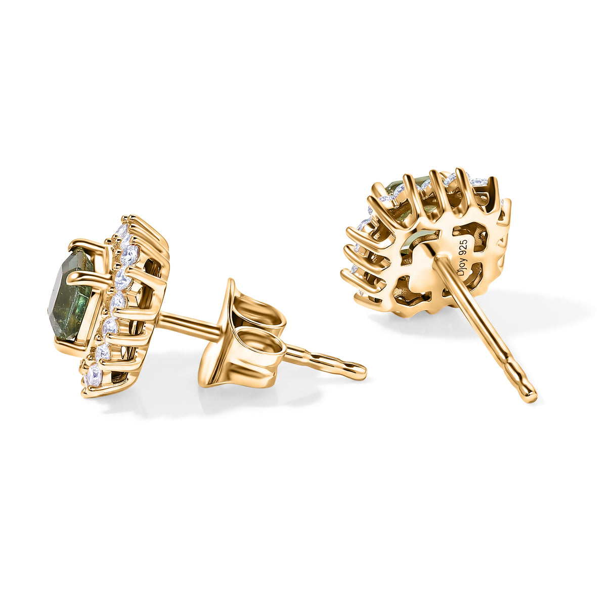 D'Joy - Natural Green Apatite &amp; White Zircon Halo Earring with Push Post in Yellow Gold Plated Sterling Silver 1.10 Ct. V32513906 4