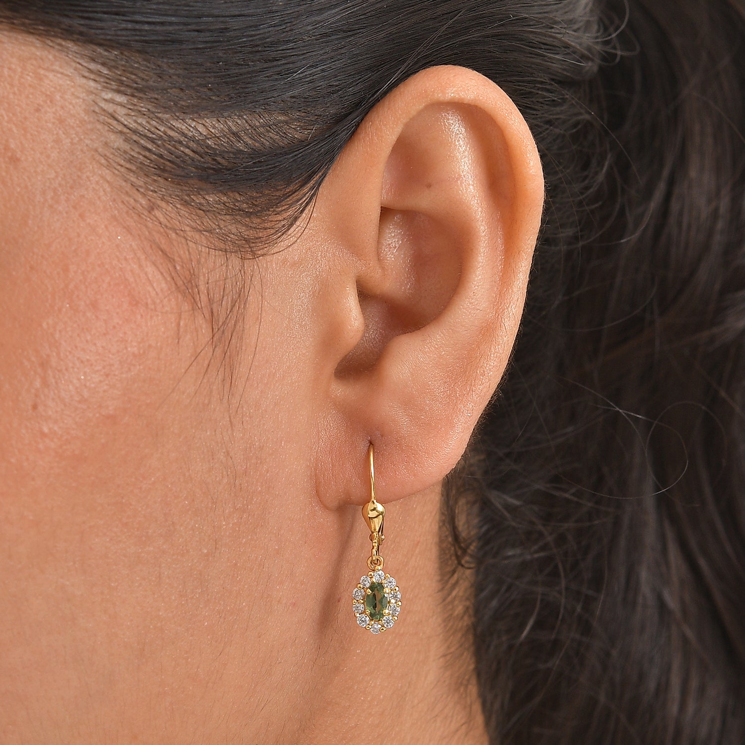 D'Joy - Natural Green Apatite &amp; White Zircon Dangling Earring with Lever Back in Yellow Gold Plated Sterling Silver V32491421 2
