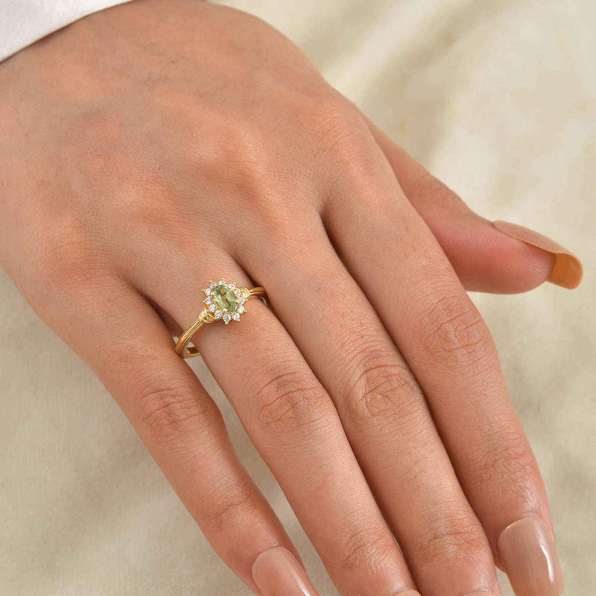 D'Joy - Natural Green Apatite &amp; White Zircon Halo Ring in Yellow Gold Plated Sterling Silver V32523293 2