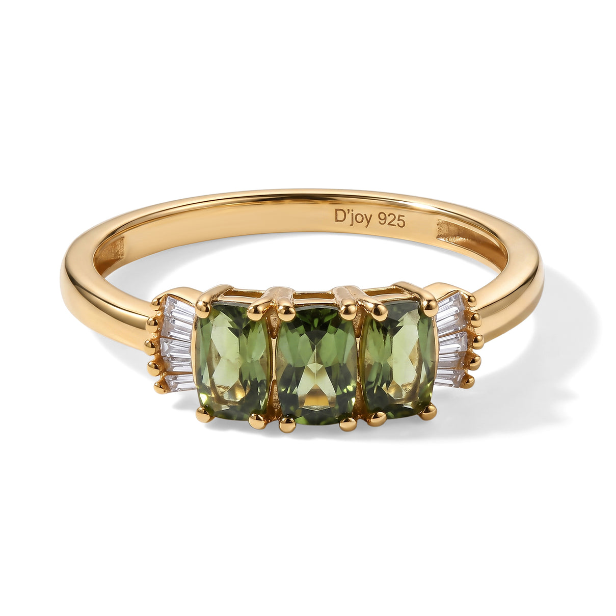 D'Joy - Natural Green Apatite &amp; White Diamond Trilogy Ring in Yellow Gold Plated Sterling Silver V32519372 0