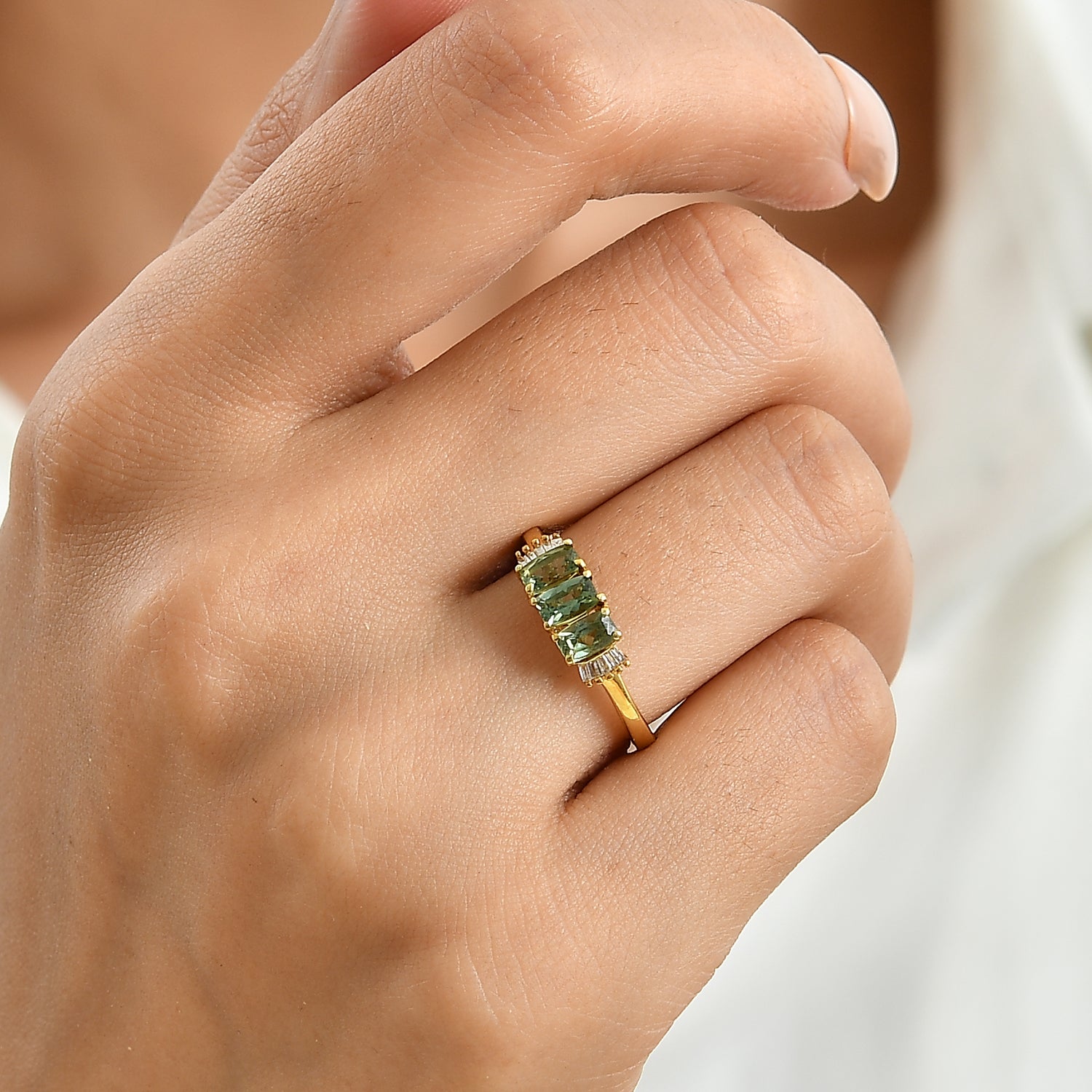 D'Joy - Natural Green Apatite &amp; White Diamond Trilogy Ring in Yellow Gold Plated Sterling Silver V32519372 2