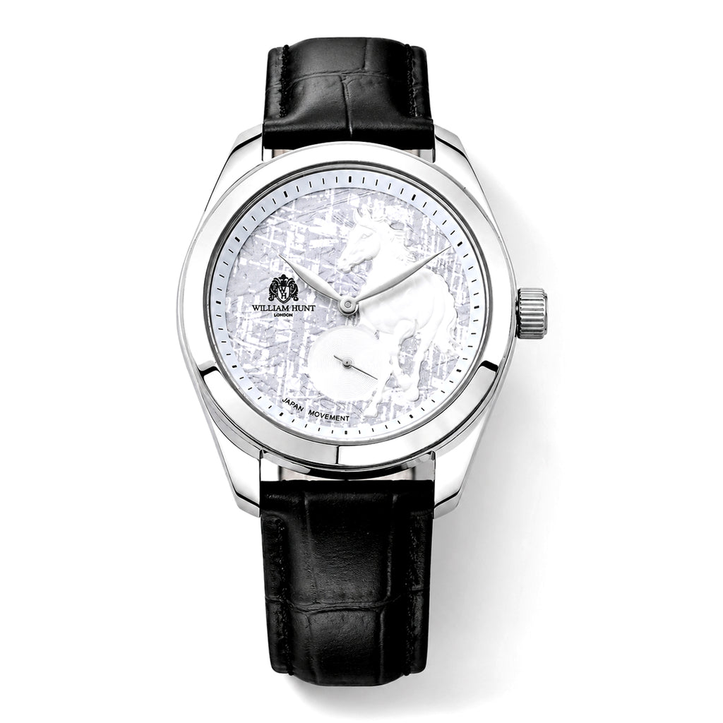 William Hunt Relief Horse Miyota 1L45 Japan Movement 5ATM WR Silver Hydraulic Meteorite Dial & IPS Plating 304 Stainless Steel Case Mens Watch with Black Leather Strap_8676359