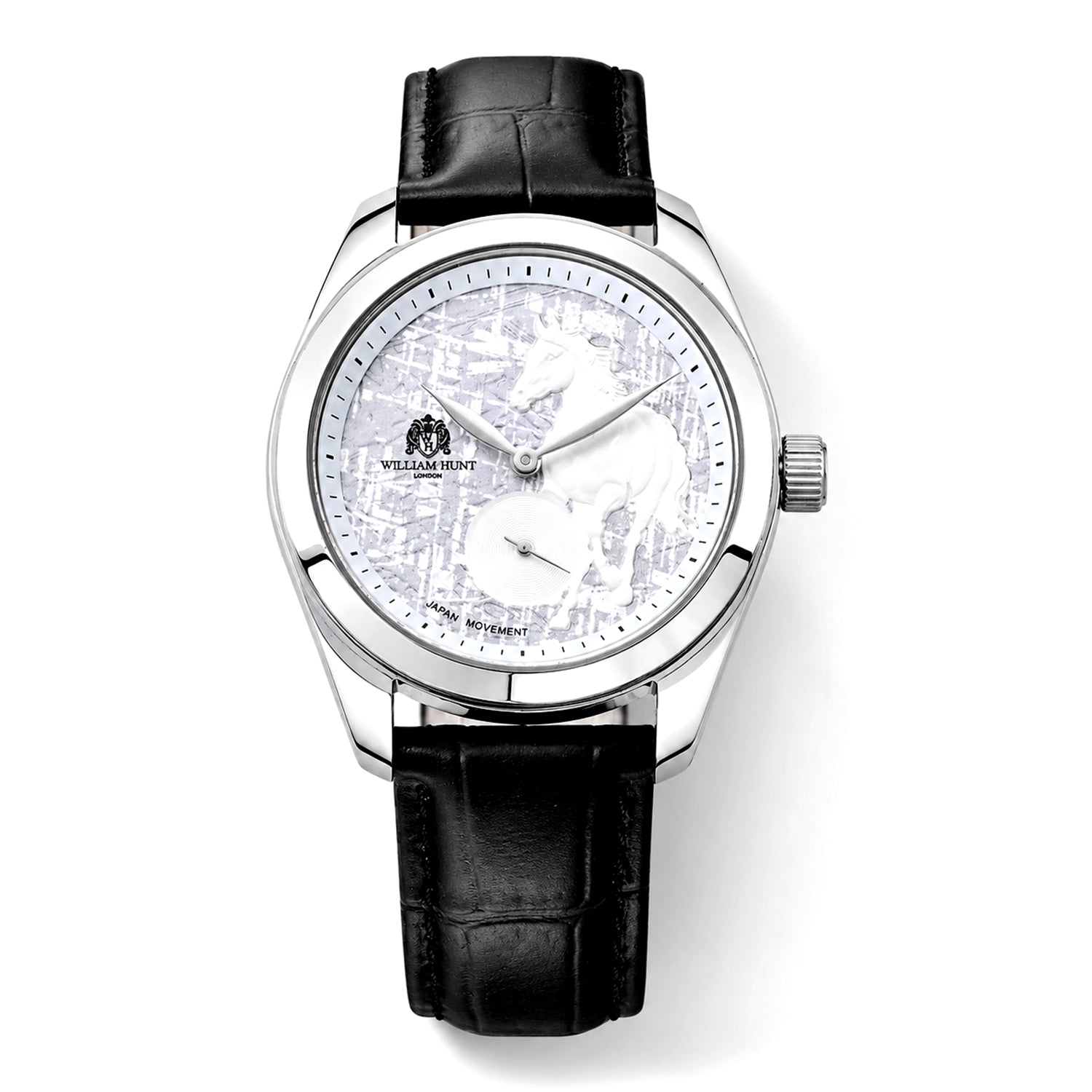 William Hunt Relief Horse Miyota 1L45 Japan Movement 5ATM WR Silver Hydraulic Meteorite Dial &amp; IPS Plating 304 Stainless Steel Case Mens Watch with Black Leather Strap 8676359 0