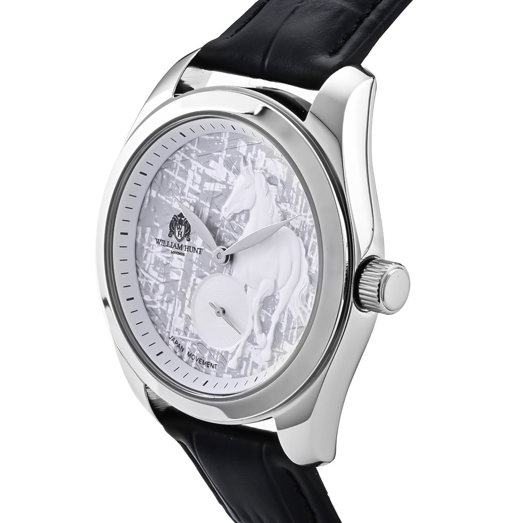 William Hunt Relief Horse Miyota 1L45 Japan Movement 5ATM WR Silver Hydraulic Meteorite Dial & IPS Plating 304 Stainless Steel Case Mens Watch with Black Leather Strap_8676359_2